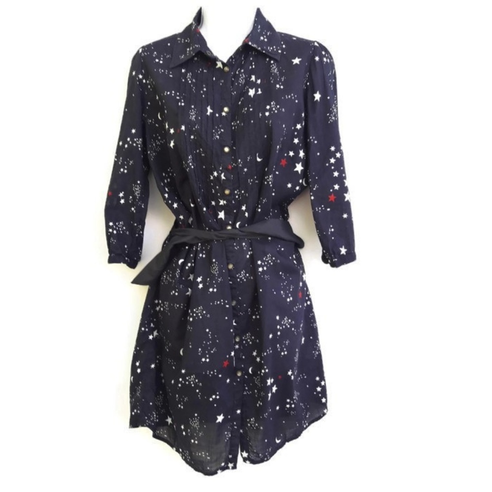 Maison Scotch Shirt Dress White Red Blue Patriotic Stars Pintuck Long Sleeve S M